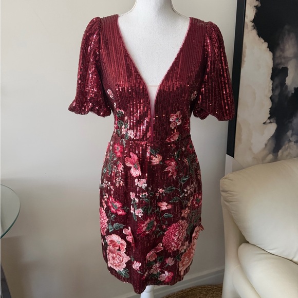 Marchesa Notte Burgundy Sequin Floral Embroidered Cocktail Mini Dress Size 4 NWT - Picture 14 of 16